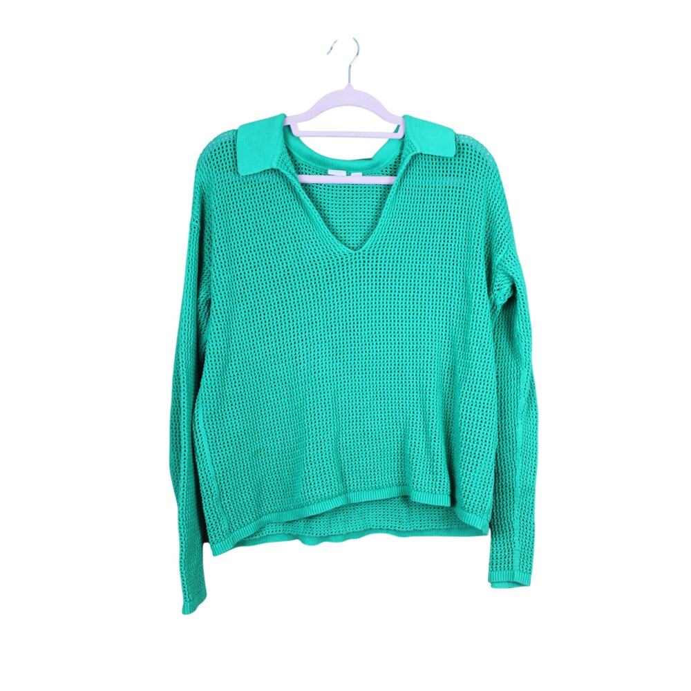 Gap Green Relaxed Crochet Open Knit Collared‎ Casual 100% Cotton Sweater Size L